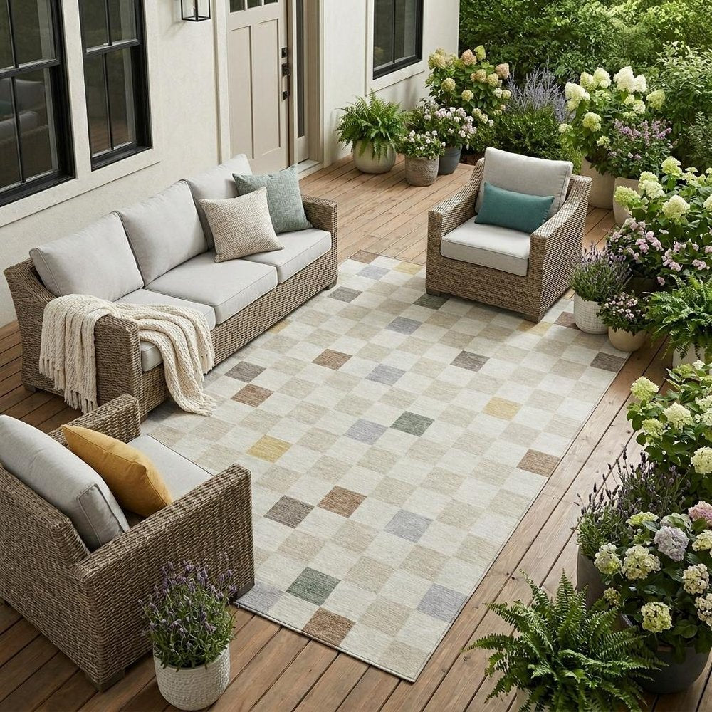 10' X 14' Linen And Black Geometric Washable Indoor Outdoor Area Rug