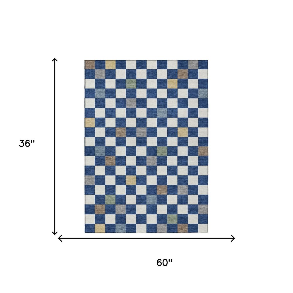3' X 5' Navy Blue And Gray Geometric Washable Indoor Outdoor Area Rug