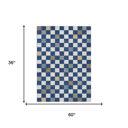 3' X 5' Navy Blue And Gray Geometric Washable Indoor Outdoor Area Rug