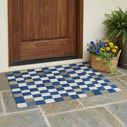 3' X 5' Navy Blue And Gray Geometric Washable Indoor Outdoor Area Rug HomeRoots