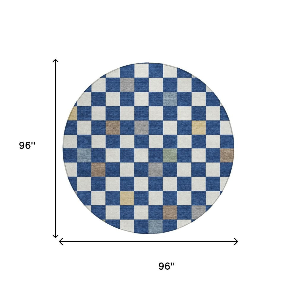 8' Navy Blue And Gray Round Geometric Washable Indoor Outdoor Area Rug — view 6