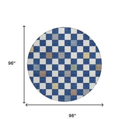 8' Navy Blue And Gray Round Geometric Washable Indoor Outdoor Area Rug HomeRoots