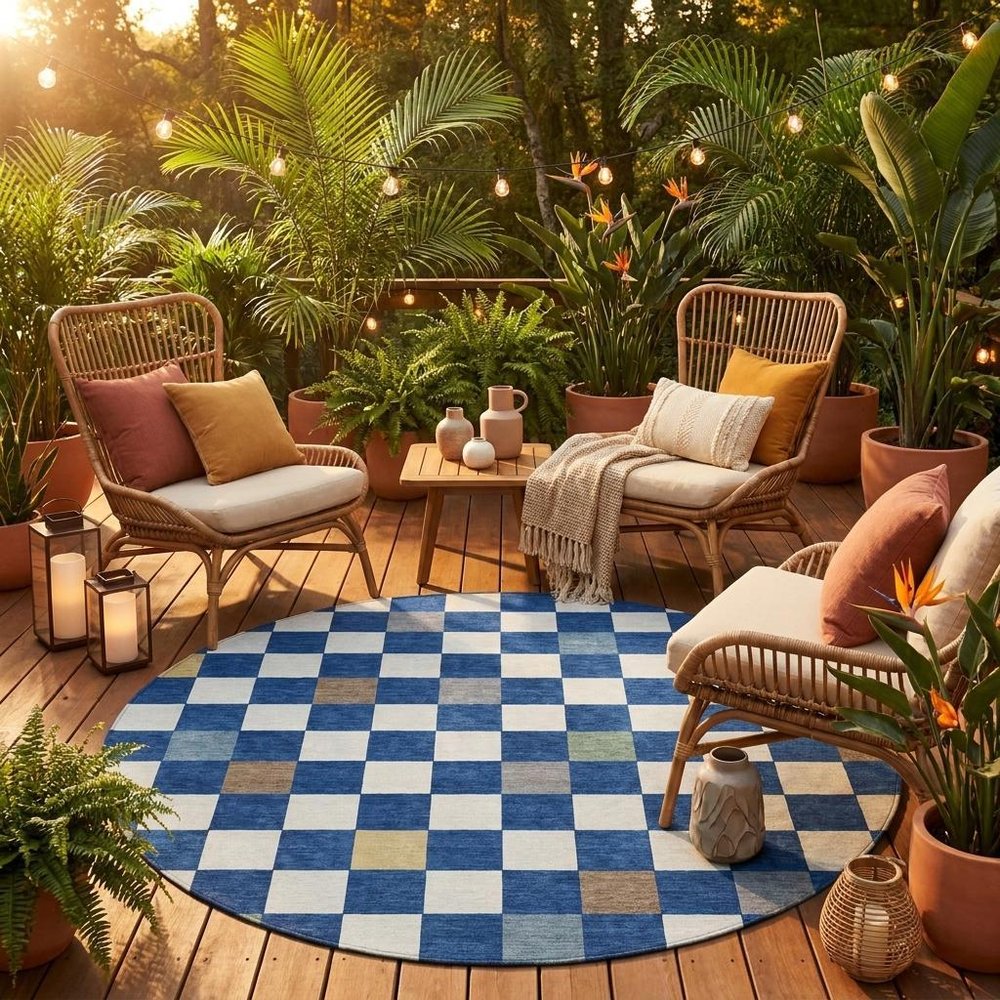 8' Navy Blue And Gray Round Geometric Washable Indoor Outdoor Area Rug — view 9