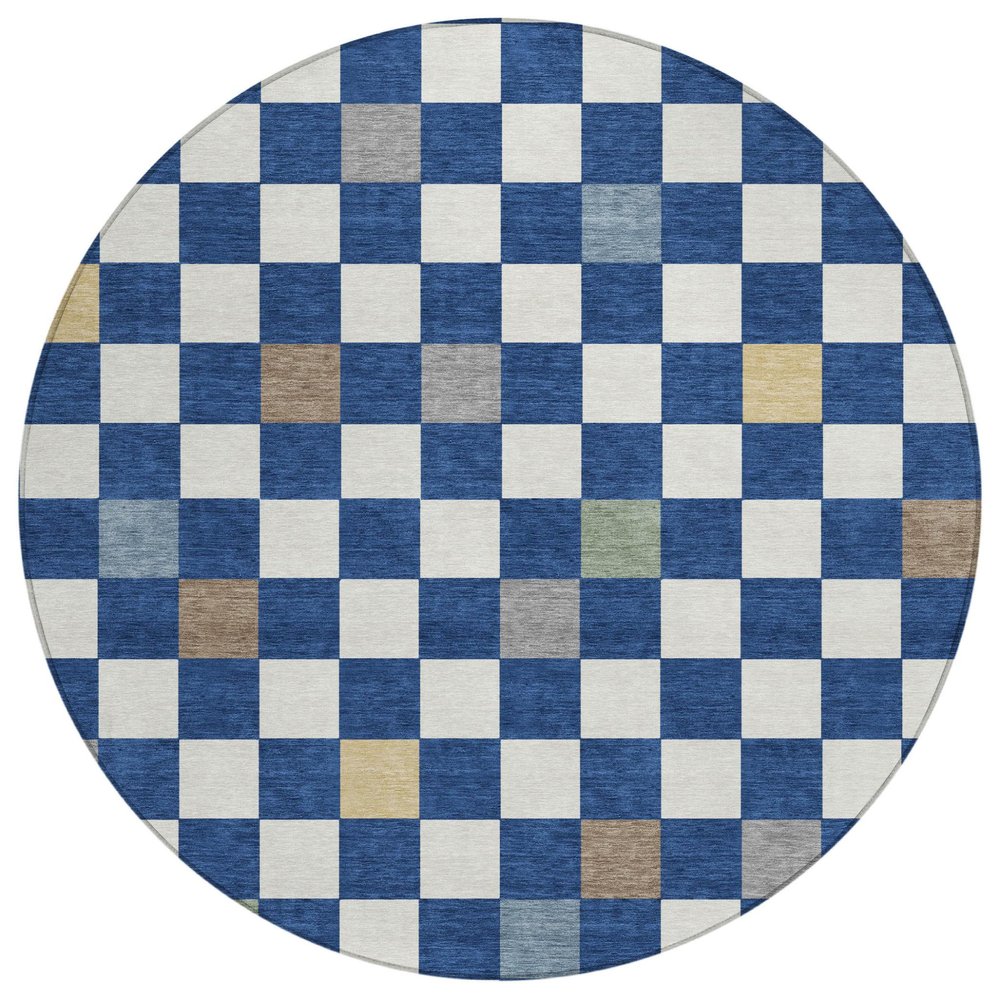 8' Navy Blue And Gray Round Geometric Washable Indoor Outdoor Area Rug HomeRoots