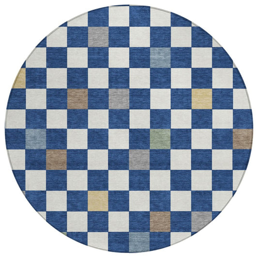 8' Navy Blue And Gray Round Geometric Washable Indoor Outdoor Area Rug
