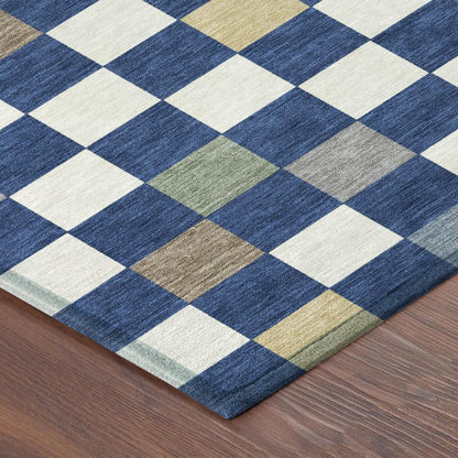 8' Navy Blue And Gray Round Geometric Washable Indoor Outdoor Area Rug HomeRoots