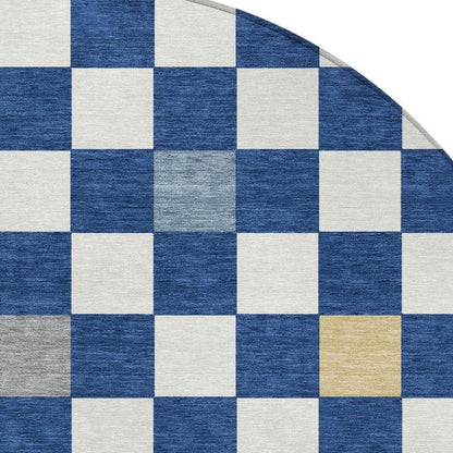 8' Navy Blue And Gray Round Geometric Washable Indoor Outdoor Area Rug