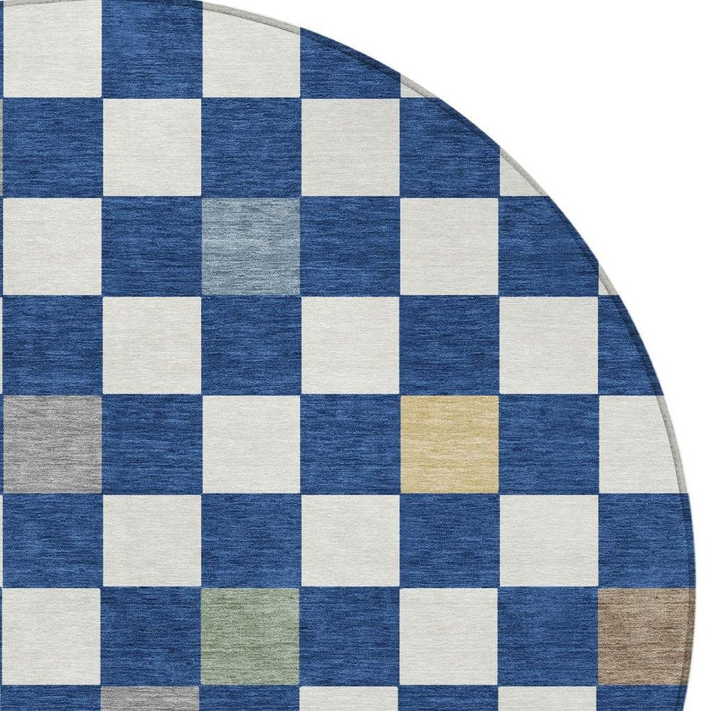 8' Navy Blue And Gray Round Geometric Washable Indoor Outdoor Area Rug HomeRoots