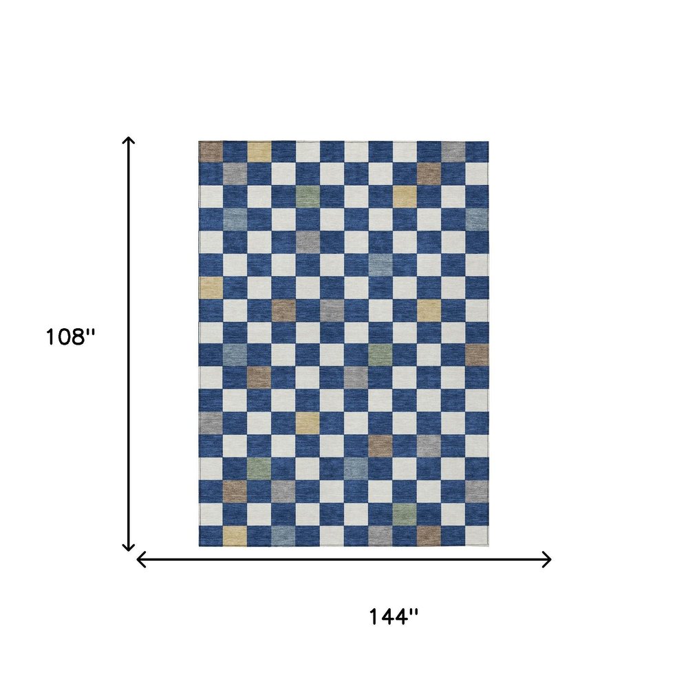 9' X 12' Navy Blue And Gray Geometric Washable Indoor Outdoor Area Rug