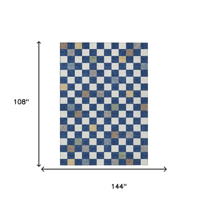 9' X 12' Navy Blue And Gray Geometric Washable Indoor Outdoor Area Rug