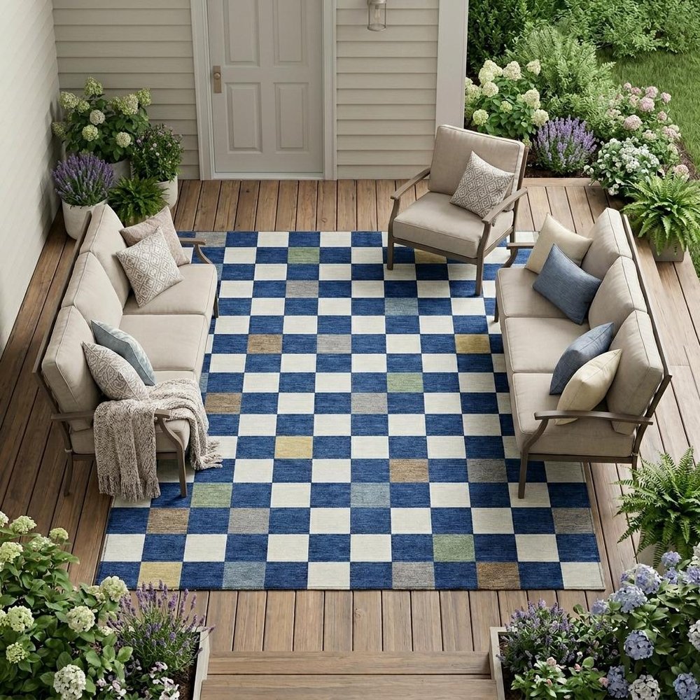 9' X 12' Navy Blue And Gray Geometric Washable Indoor Outdoor Area Rug