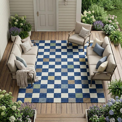 9' X 12' Navy Blue And Gray Geometric Washable Indoor Outdoor Area Rug