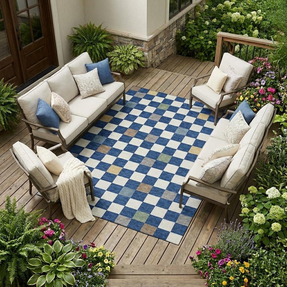 10' X 14' Navy Blue And Gray Geometric Washable Indoor Outdoor Area Rug — view 7