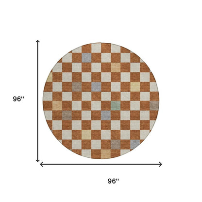 8' Orange And Gold Round Geometric Washable Indoor Outdoor Area Rug