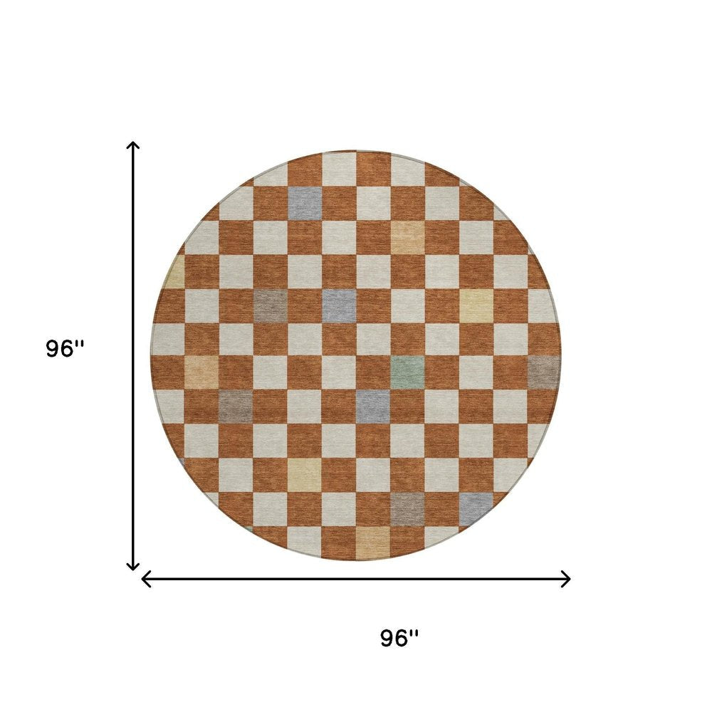 8' Orange And Gold Round Geometric Washable Indoor Outdoor Area Rug HomeRoots