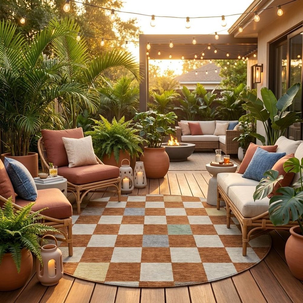 8' Orange And Gold Round Geometric Washable Indoor Outdoor Area Rug — view 7