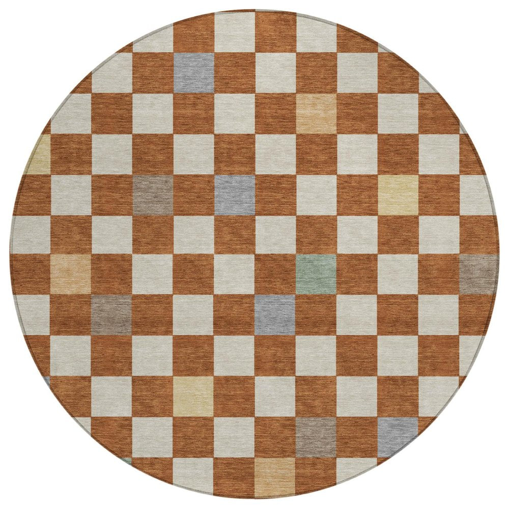 8' Orange And Gold Round Geometric Washable Indoor Outdoor Area Rug — view 1
