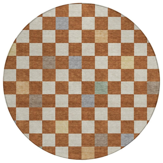 8' Orange And Gold Round Geometric Washable Indoor Outdoor Area Rug