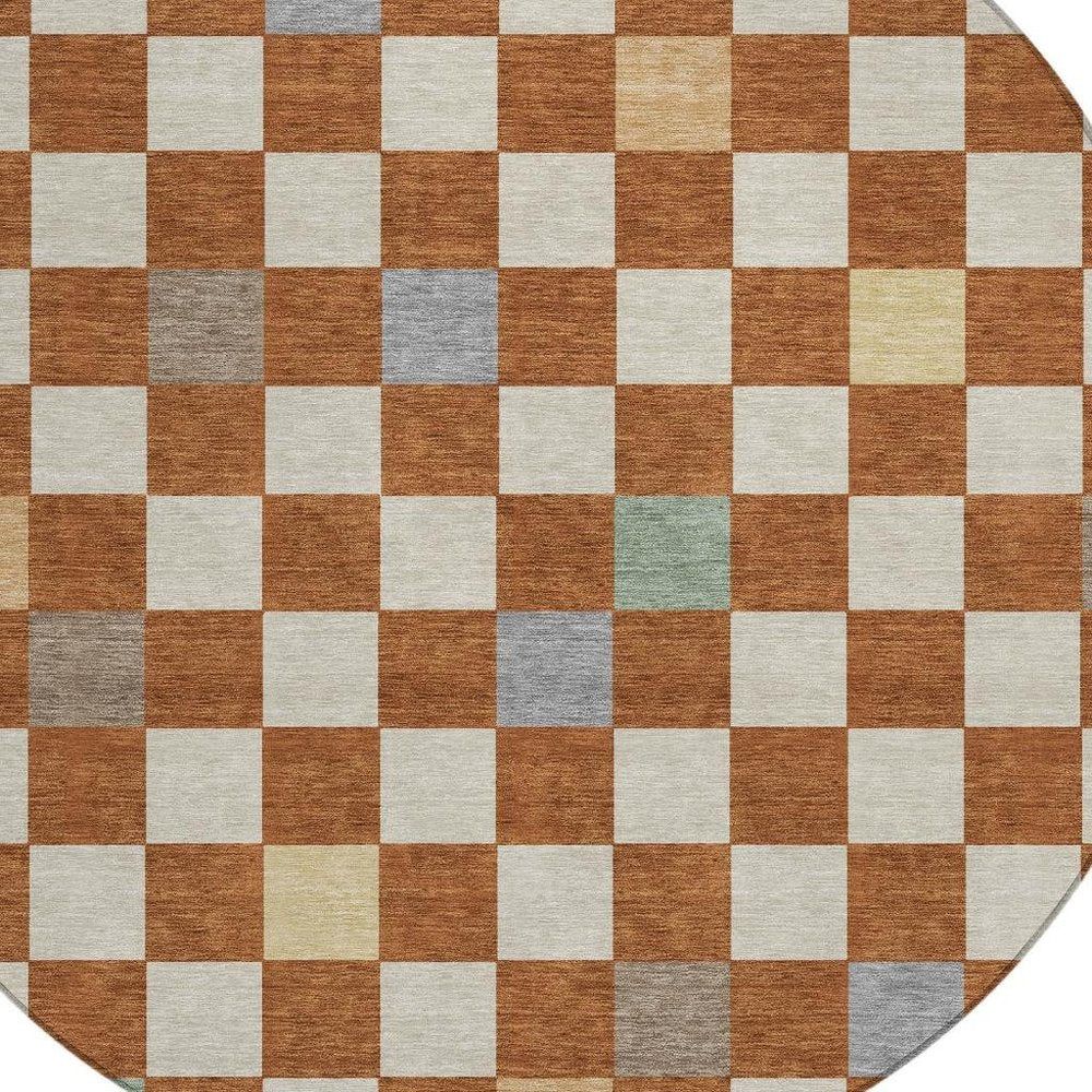8' Orange And Gold Round Geometric Washable Indoor Outdoor Area Rug — view 4