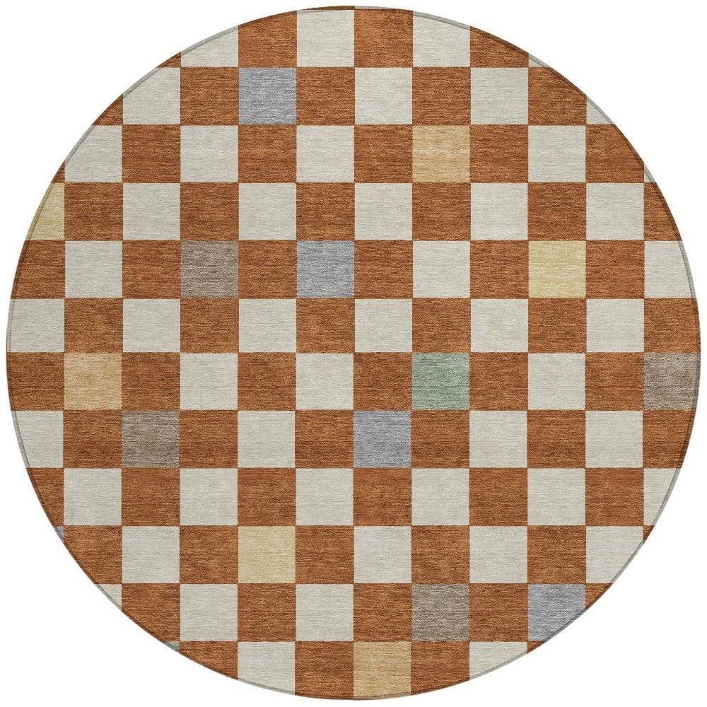 8' Orange And Gold Round Geometric Washable Indoor Outdoor Area Rug — view 5