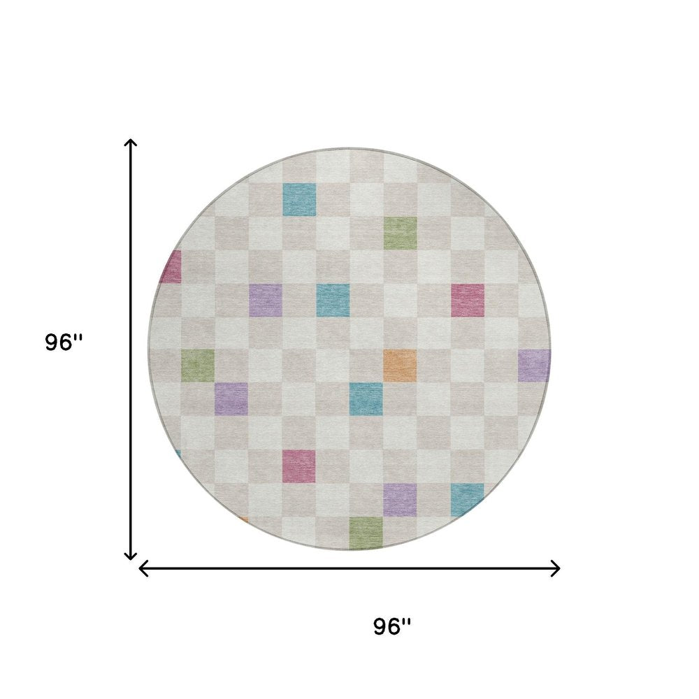 8' Pearl And Ivory Round Geometric Washable Indoor Outdoor Area Rug — view 6