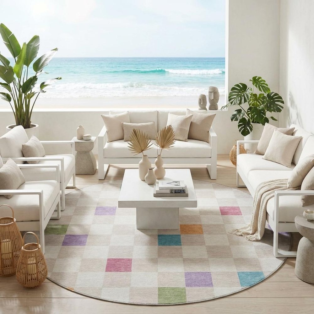8' Pearl And Ivory Round Geometric Washable Indoor Outdoor Area Rug HomeRoots