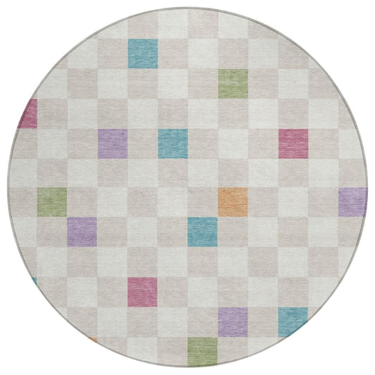 8' Pearl And Ivory Round Geometric Washable Indoor Outdoor Area Rug