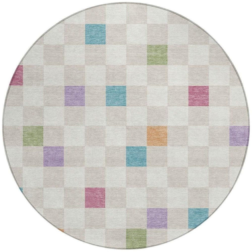 8' Pearl And Ivory Round Geometric Washable Indoor Outdoor Area Rug