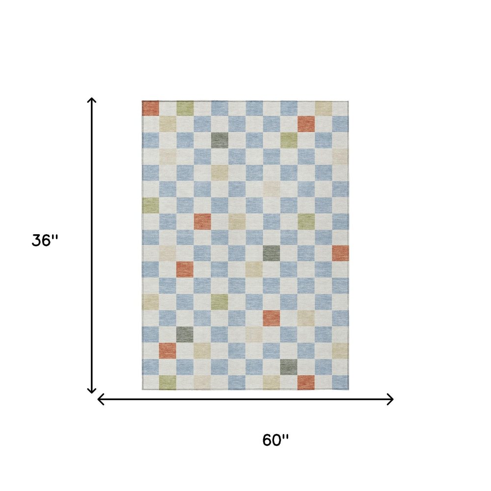 3' X 5' Sky Blue And Gray Geometric Washable Indoor Outdoor Area Rug