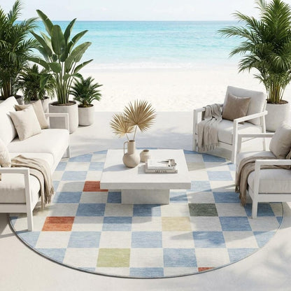 8' Sky Blue And Gray Round Geometric Washable Indoor Outdoor Area Rug HomeRoots