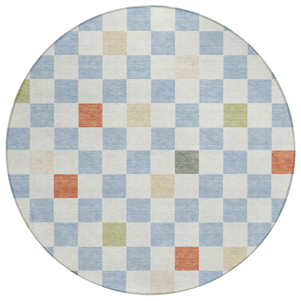 8' Sky Blue And Gray Round Geometric Washable Indoor Outdoor Area Rug HomeRoots