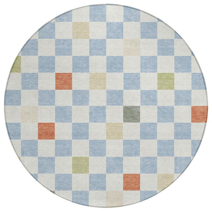 8' Sky Blue And Gray Round Geometric Washable Indoor Outdoor Area Rug HomeRoots