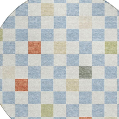 8' Sky Blue And Gray Round Geometric Washable Indoor Outdoor Area Rug HomeRoots