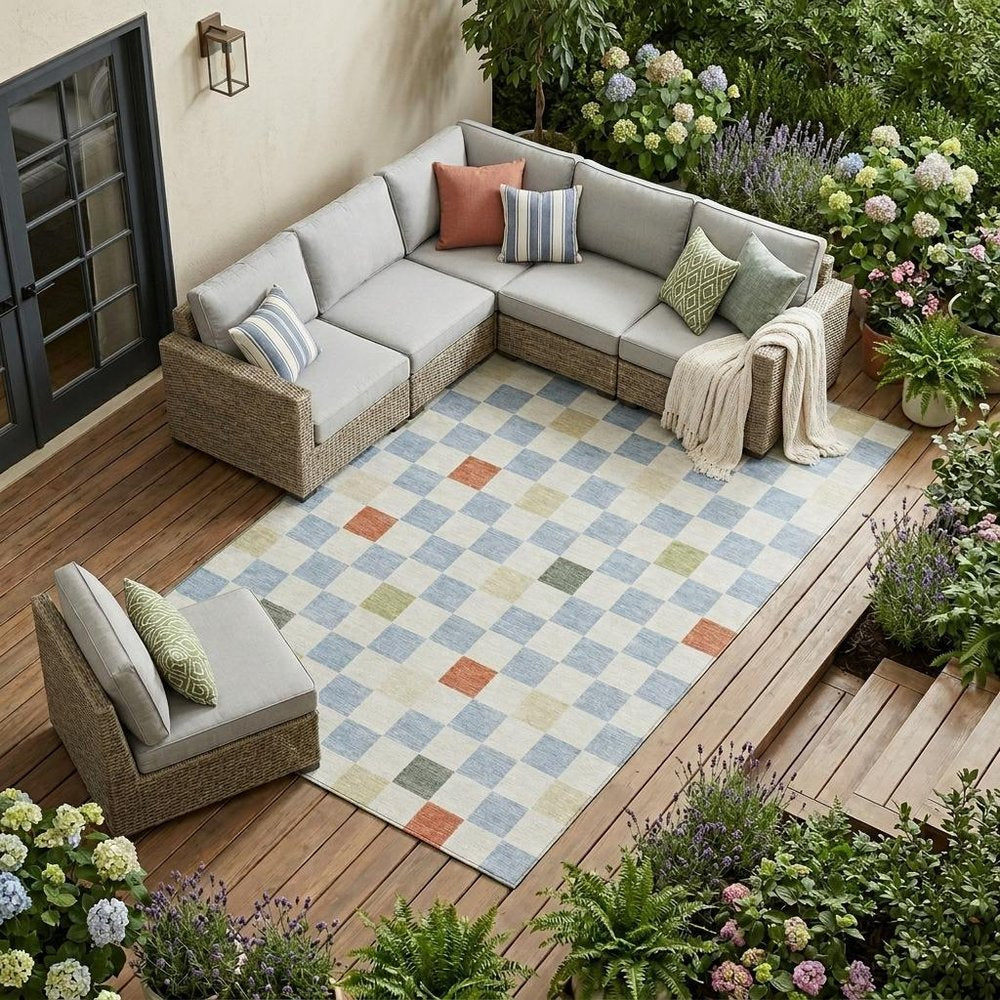 8' X 10' Sky Blue And Gray Geometric Washable Indoor Outdoor Area Rug — view 1