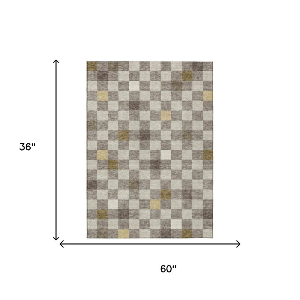 3' X 5' Taupe And Teal Blue Geometric Washable Indoor Outdoor Area Rug — view 6
