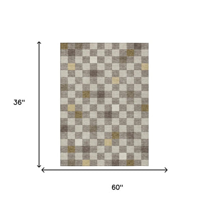 3' X 5' Taupe And Teal Blue Geometric Washable Indoor Outdoor Area Rug