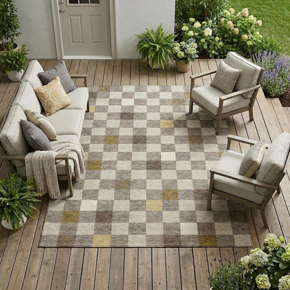 9' X 12' Taupe And Teal Blue Geometric Washable Indoor Outdoor Area Rug — view 7
