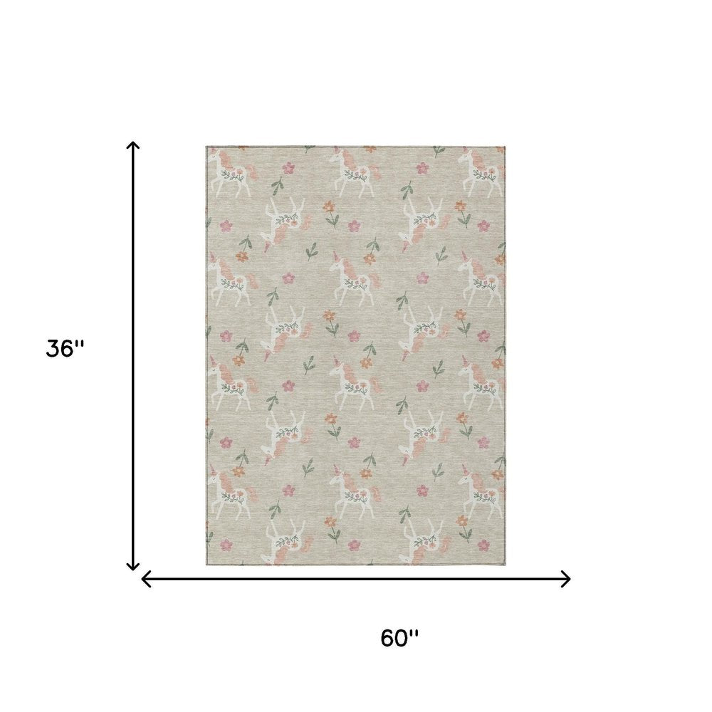3' X 5' Beige And Gray Floral Washable Indoor Outdoor Area Rug HomeRoots