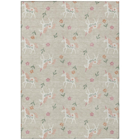 3' X 5' Beige And Gray Floral Washable Indoor Outdoor Area Rug