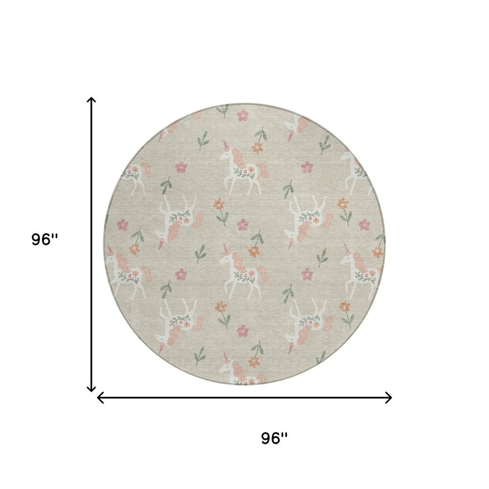 8' Beige And Gray Round Floral Washable Indoor Outdoor Area Rug — view 6