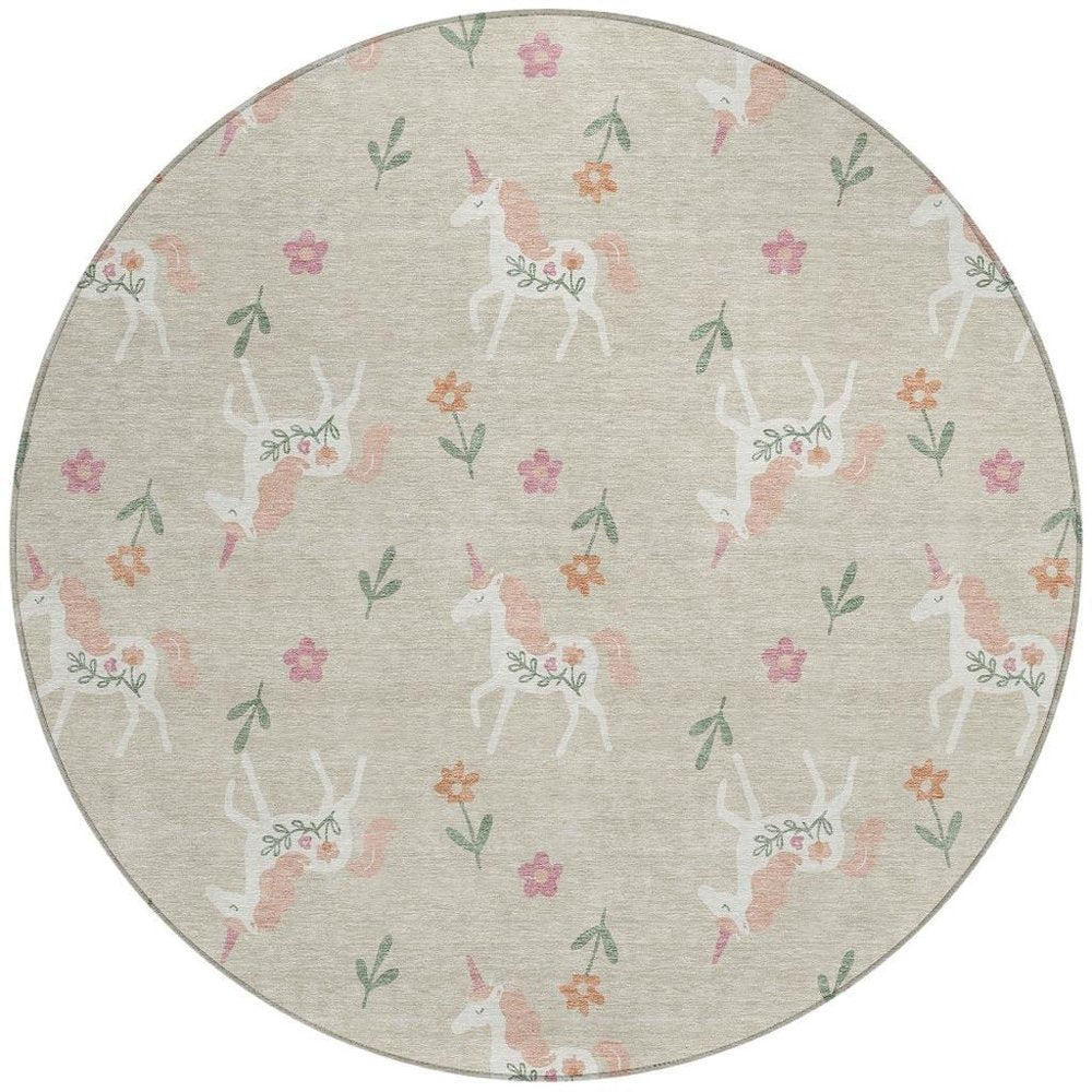 8' Beige And Gray Round Floral Washable Indoor Outdoor Area Rug HomeRoots