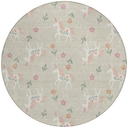 8' Beige And Gray Round Floral Washable Indoor Outdoor Area Rug HomeRoots