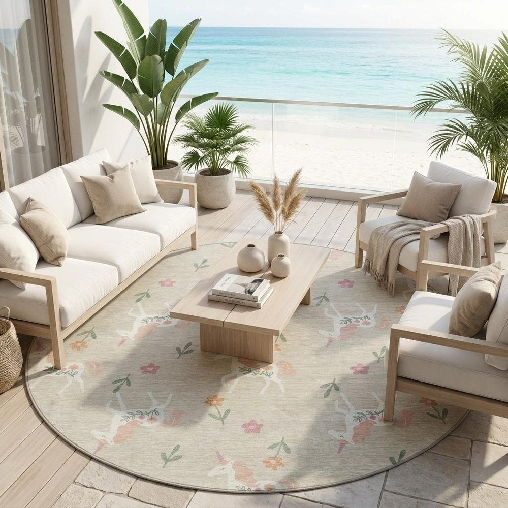 8' Beige And Gray Round Floral Washable Indoor Outdoor Area Rug — view 8