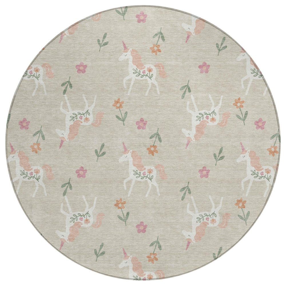 8' Beige And Gray Round Floral Washable Indoor Outdoor Area Rug HomeRoots