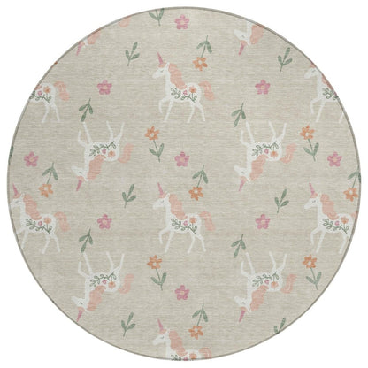 8' Beige And Gray Round Floral Washable Indoor Outdoor Area Rug HomeRoots