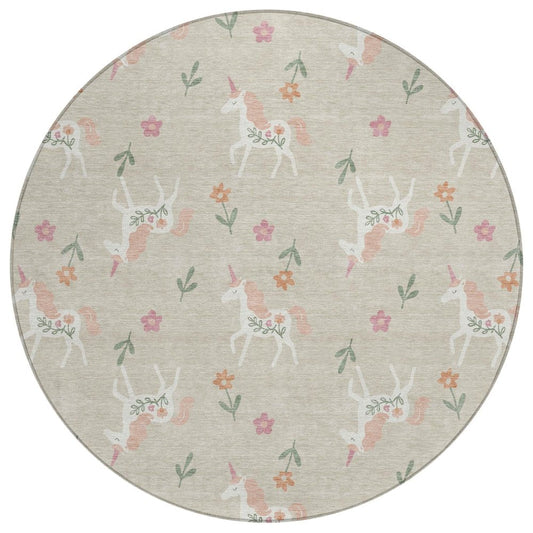 8' Beige And Gray Round Floral Washable Indoor Outdoor Area Rug