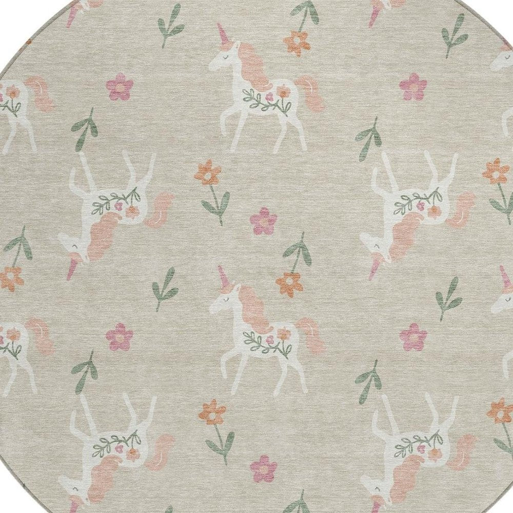 8' Beige And Gray Round Floral Washable Indoor Outdoor Area Rug HomeRoots