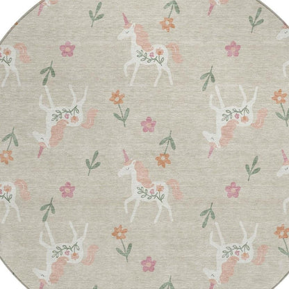 8' Beige And Gray Round Floral Washable Indoor Outdoor Area Rug HomeRoots