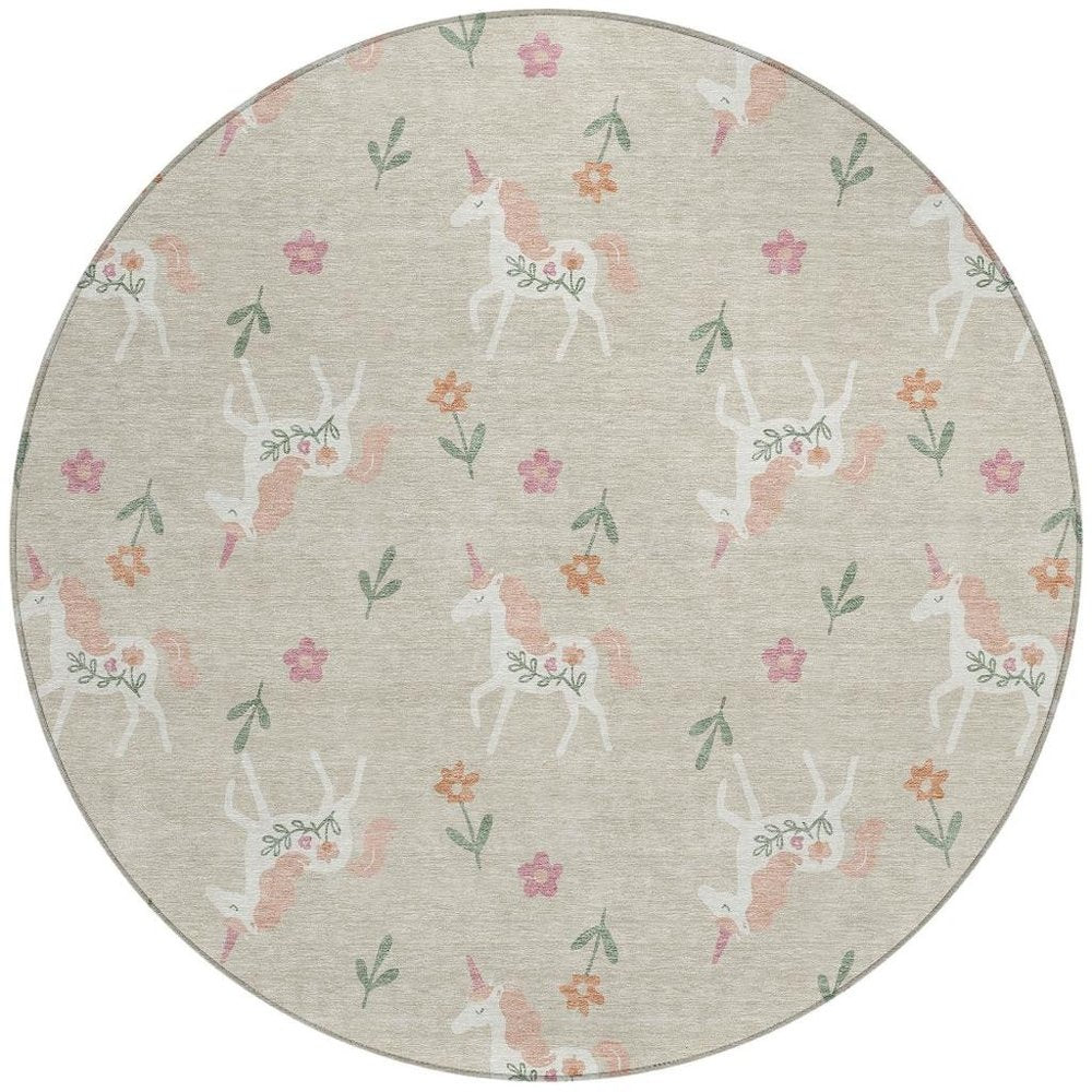 8' Beige And Gray Round Floral Washable Indoor Outdoor Area Rug HomeRoots