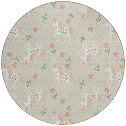 8' Beige And Gray Round Floral Washable Indoor Outdoor Area Rug HomeRoots